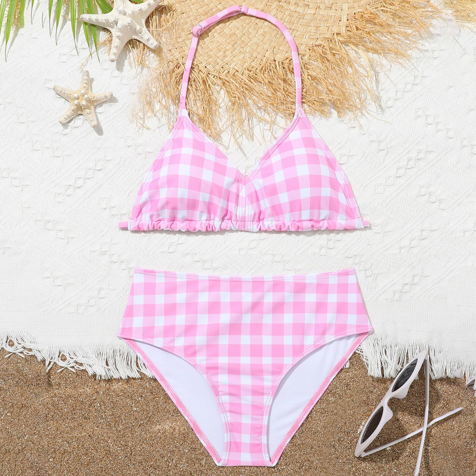 Kayannuo Swimsuit Girls Baby Swimsuit 8-12 Years Pinks And White Checkered Striped Swimsuit Summer Beachwear Bikini Set